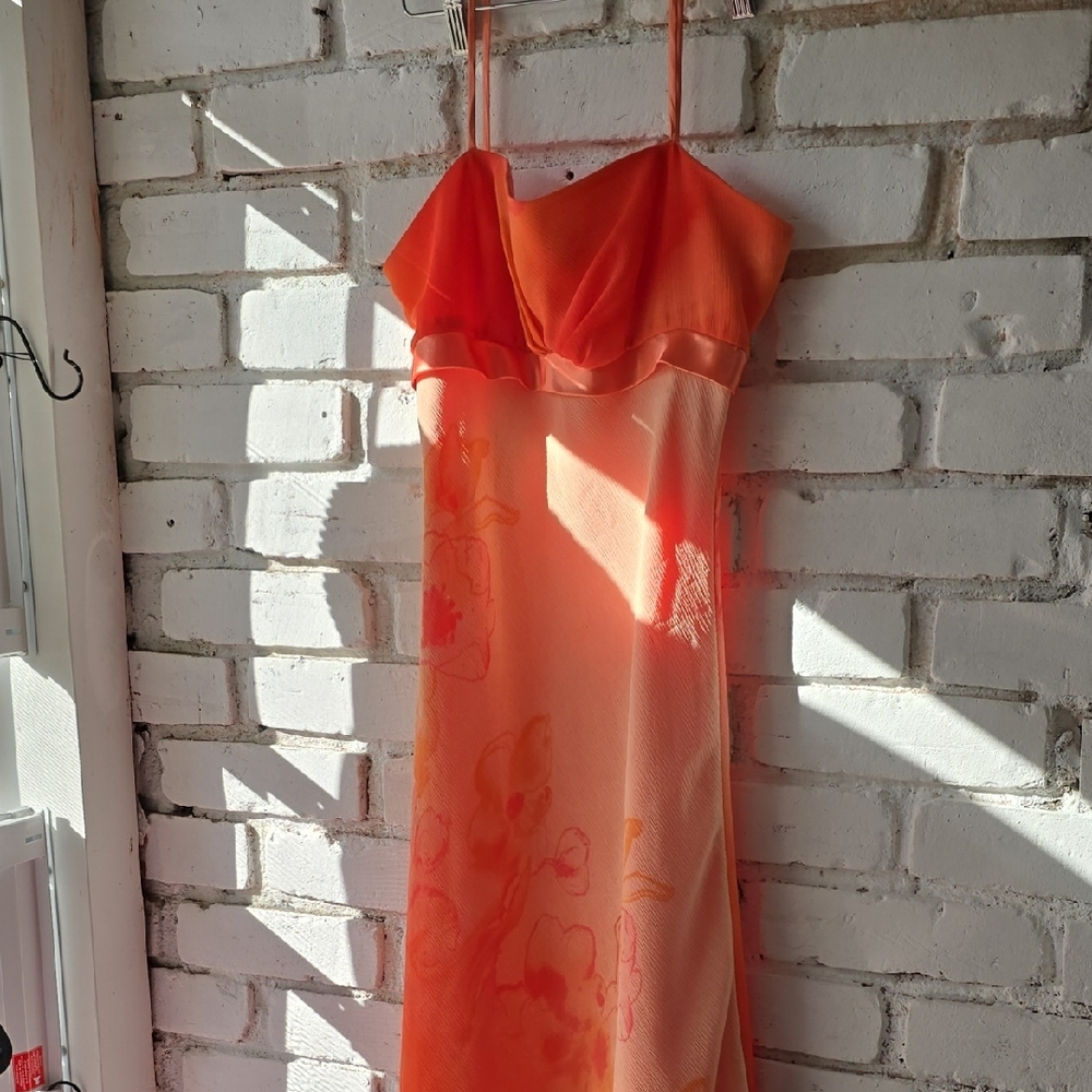 spaghetti Strap Orange Floral Slip Dress with draped hem Y2K